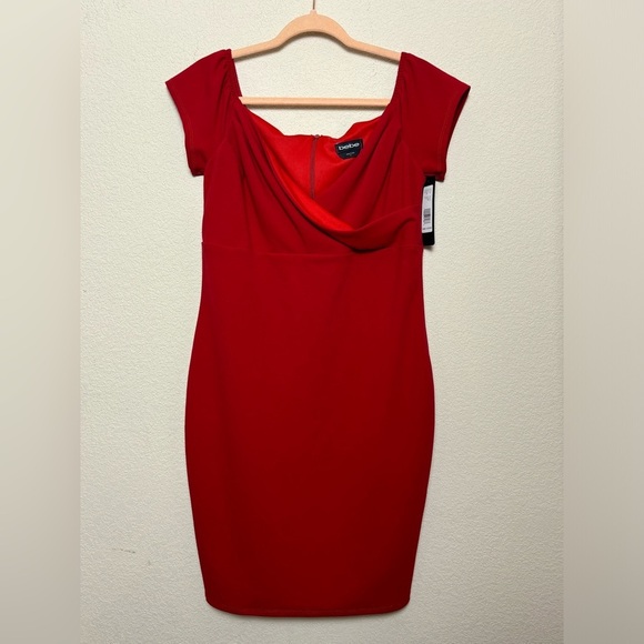 NWT Bebe Lipstick Red Bodycon Cap Sleeve Wrap Front Stretch Sheath Dress 12 - Picture 2 of 8